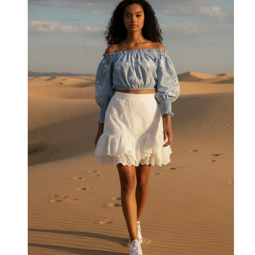 H&M Eyelet Mini Skirt White Cotton Ruffle Size 6 Country Western (1) Prairie